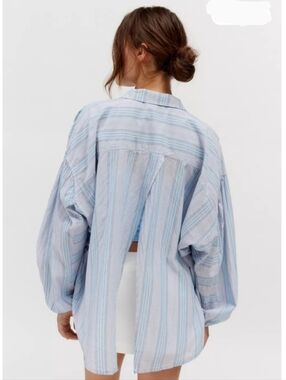 BDG Erin Breezy Button-Down Shirt Light Blue Striped VERY Oversized Size Small